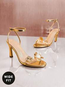 SHUZIA Women's Wide-Fit Minimalist Fashion Comfy Round Toe Floral Decor Stiletto Heel Sandals - Gold - View 1