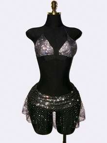 EgrlEra Rok Super Pendek Seksi Wanita, Jaring-jaring Bertabur Rhinestone, Berkilau dan Cocok untuk Acara Pesta - Hitam - View 5