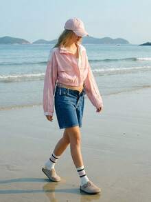 WESTFADE White Autumn Casual Basic Ocean Beach Swimming Holiday Nylon Crochet Lace Colorblock Zipper Front Cropped Sporty Track Jacket For Women Western Boho - Pink - View 3