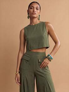Zivah Bộ đồ đi biển phong cách Bohemian bằng vải lanh mới năm 2026, gồm áo vest và quần dài phối họa tiết độc đáo, bộ vest và quần dài thanh lịch cho kỳ nghỉ, quần dài hai mảnh phối họa tiết độc đáo, quần dài và vest màu xanh quân đội, quần dài hai mảnh phong cách Bohemian thanh lịch cho kỳ nghỉ, quần dài và vest chất liệu vải lanh cho kỳ nghỉ. - xanh quân đội - Xem 6