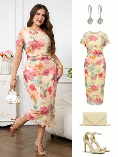 Ellevyn Vestido ajustado con estampado floral elegante, talla grande, verano