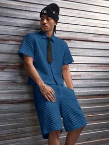 AXEPEAK Men's Solid Color Front Button Short Sleeve Shirt And Loose Shorts Set - Blue - View 8