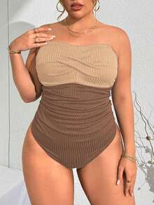 SHEIN Swim Curve 大码女士纯色吊带连体休闲泳衣，度假时尚 - 咖啡棕 - 查看 6