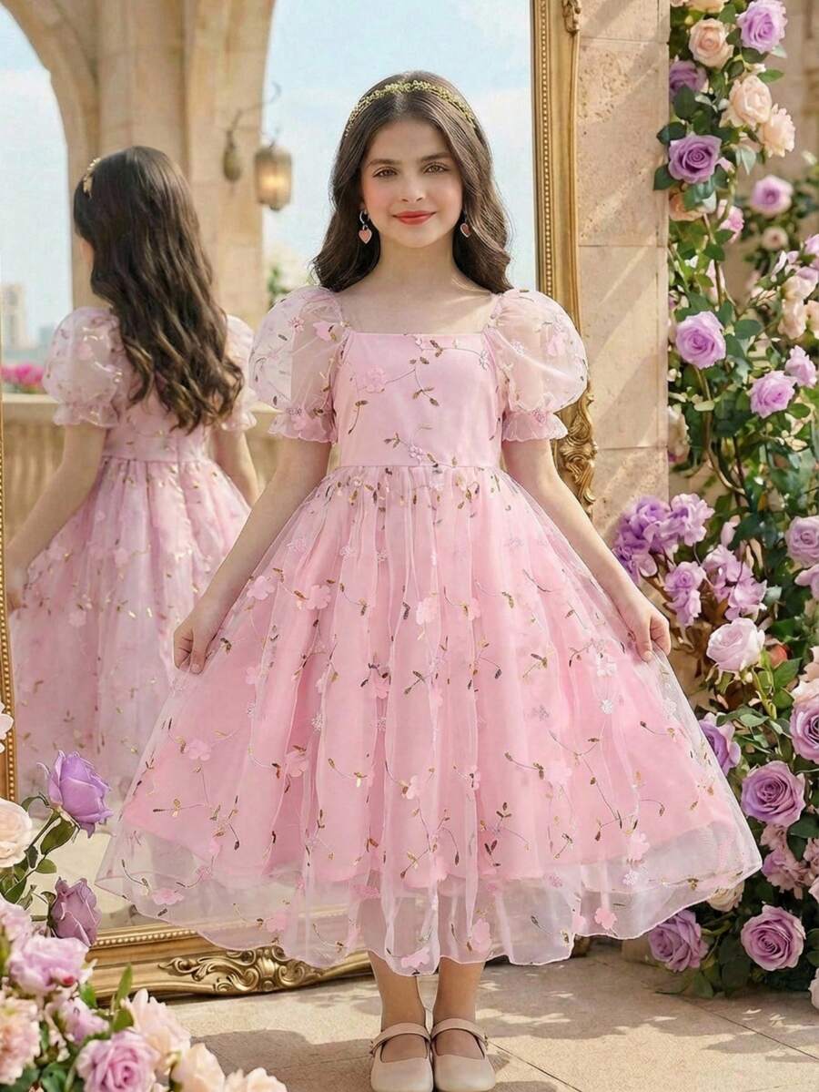 Pitira Đầm dễ thương cho bé gái tuổi teen, cổ vuông, tay cánh hoa, chất liệu lưới thêu hoa. - Màu Hồng baby - Xem 1