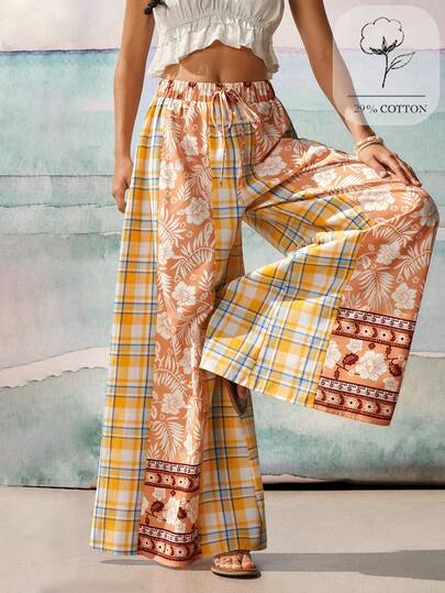 SoleilVie Women's Elegant Summer Bohemian Style Waist Cinched Plaid Patchwork Palazzo Pants Bohemian Casual Loose Orange Plaid Patchwork Floral Wide-Leg Trousers, A Bohemian Style Outfit, Elastic Waistband, Suitable For Country Music Festivals, Pastoral Style, Vacation Wear, Drawstring Waist, Spring/Summer Outfits, Summer Trousers, Orange Trousers Floral Trousers, Plaid Trousers Women's Country Clothing Country Concert Outfit Women's Country Pants Female Country Look Country Pants Summer Holiday Outfits Vacation Outfits Women