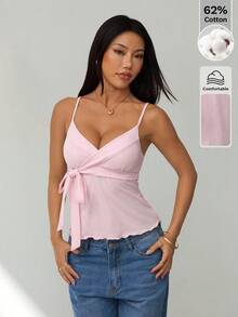 SHEIN PETITE 女士秋冬新品 - 甜美休闲粉色清新少女风侧系带荷叶边吊带背心 - 粉色 - 查看 3