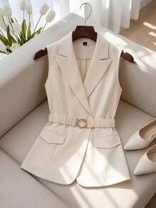 Franclia Áo khoác blazer mỏng dành cho nữ cỡ lớn, cổ chữ V hai mặt, thắt lưng nhún eo với khóa kim loại, gấu áo có thể mở, túi, kiểu dáng thanh lịch Pháp lãng mạn cổ điển, phù hợp cho công sở, đi biển, phong cách tối giản, đa năng, bộ sưu tập Xuân/Hè mới. - Màu be - Xem 7