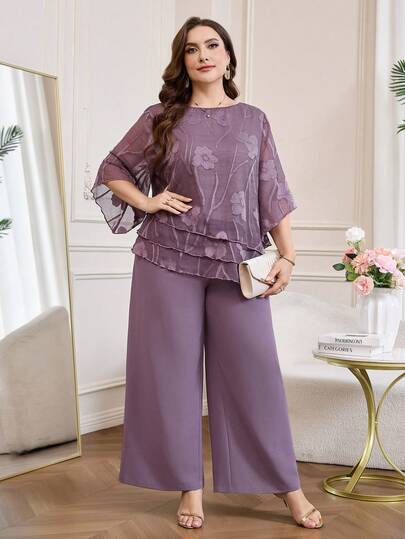 Reflora Plus Size Women Floral Print 3/4 Sleeve Shirt And Wide Leg Pants 2 Pieces Set