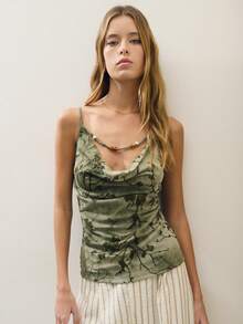 Nöista Jacquard Top With Cowl Neckline And Strap Detial In Front With Beads Detail Brunch Olive Green Summer Vintage Aesthetic - Green - View 1