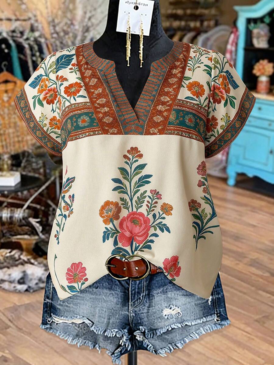 Linhara Áo kiểu nữ cỡ lớn cổ chữ V tay ngắn phối màu, họa tiết patchwork, kẻ sọc, phong cách vintage đa năng, thích hợp cho kỳ nghỉ, hẹn hò, mặc hàng ngày, mẫu mới mùa xuân/hè. - Nhiều màu - Xem 1