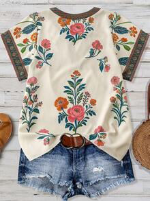 Linhara Áo kiểu nữ cỡ lớn cổ chữ V tay ngắn phối màu, họa tiết patchwork, kẻ sọc, phong cách vintage đa năng, thích hợp cho kỳ nghỉ, hẹn hò, mặc hàng ngày, mẫu mới mùa xuân/hè. - Nhiều màu - Xem 2