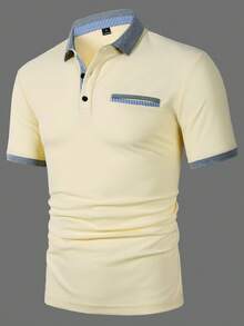 Manfinity Homme 男士短袖 Polo 衫，淺黃色，夏季休閒高爾夫戶外辦公日常穿搭，老錢風復古街頭風，男友丈夫生日禮物，正式款 - 鵝黃色 - 查看 3