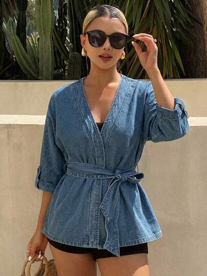 Livesso Women's Solid Color Waist Tie Casual Roll Up Sleeve Denim Blouse