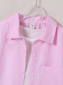 SHEIN Tween Girl Striped Lightweight Sun Protection Shirt, Spring & Summer,Holiday,Summer,Travel - Pink - View 3