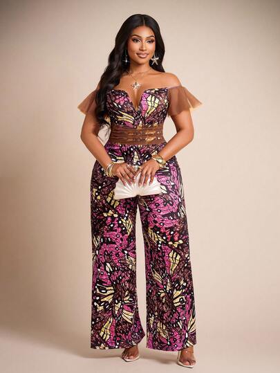 Brilight Women's Elegant Summer Jumpsuit: Stylish Printed Mesh Design. Features An Off-Shoulder V-Neckline, Delicate Mesh Pleating, And A Flattering Slim-Fit Cut With Relaxed Wide Legs-Perfect For Dates, Parties, Vacations, Festivals, And More.