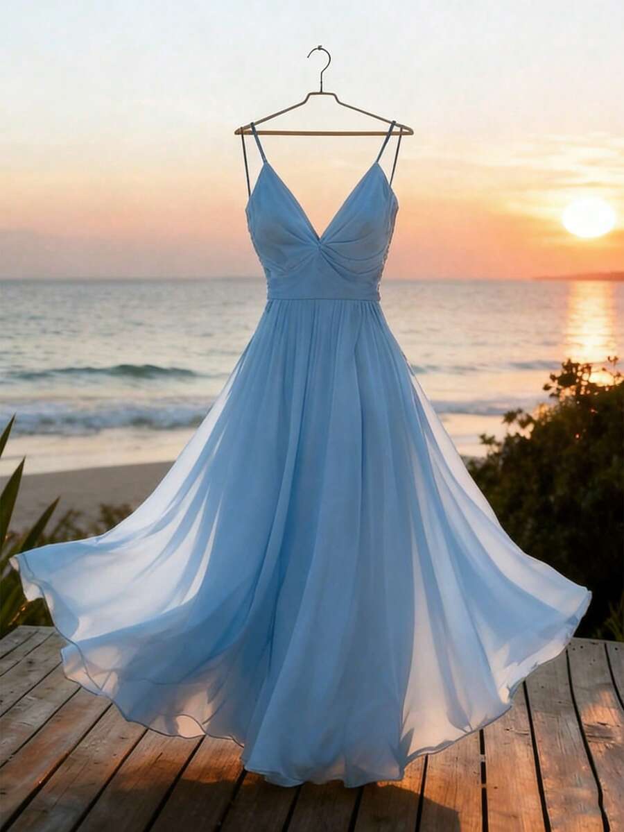 GlowEve Women's Romantic Elegant Elegant Date Solid Color Chest Ruched Waist Maxi Slip Dress, Summer - Blue - View 1