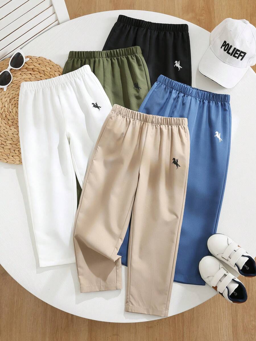 SHEIN Kids 5pcs/Set Young Boy Casual Academy Style Solid Color Button&Pockets Loose Comfortable Long Pants,Versatile Summer Outdoors,School,Home Wear