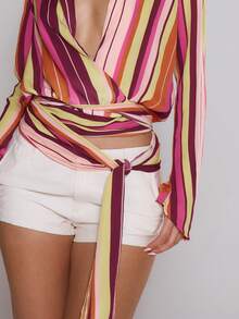 MUSERA Striped Plunge V Front Tie Side Long Sleeve Top Spring Summer Vacation Beach Elegant Ibiza Festival Holiday Tajine - Pink - View 5