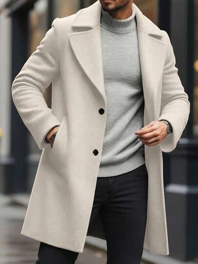 Manfinity Homme Men's Solid Color Pocket & Button Front Long Sleeve Overcoat, Autumn Fall Clothes, Winter