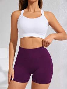 Easithlete Quần short thể thao định hình eo cao màu trơn dành cho nữ - Bold Plum - Xem 5