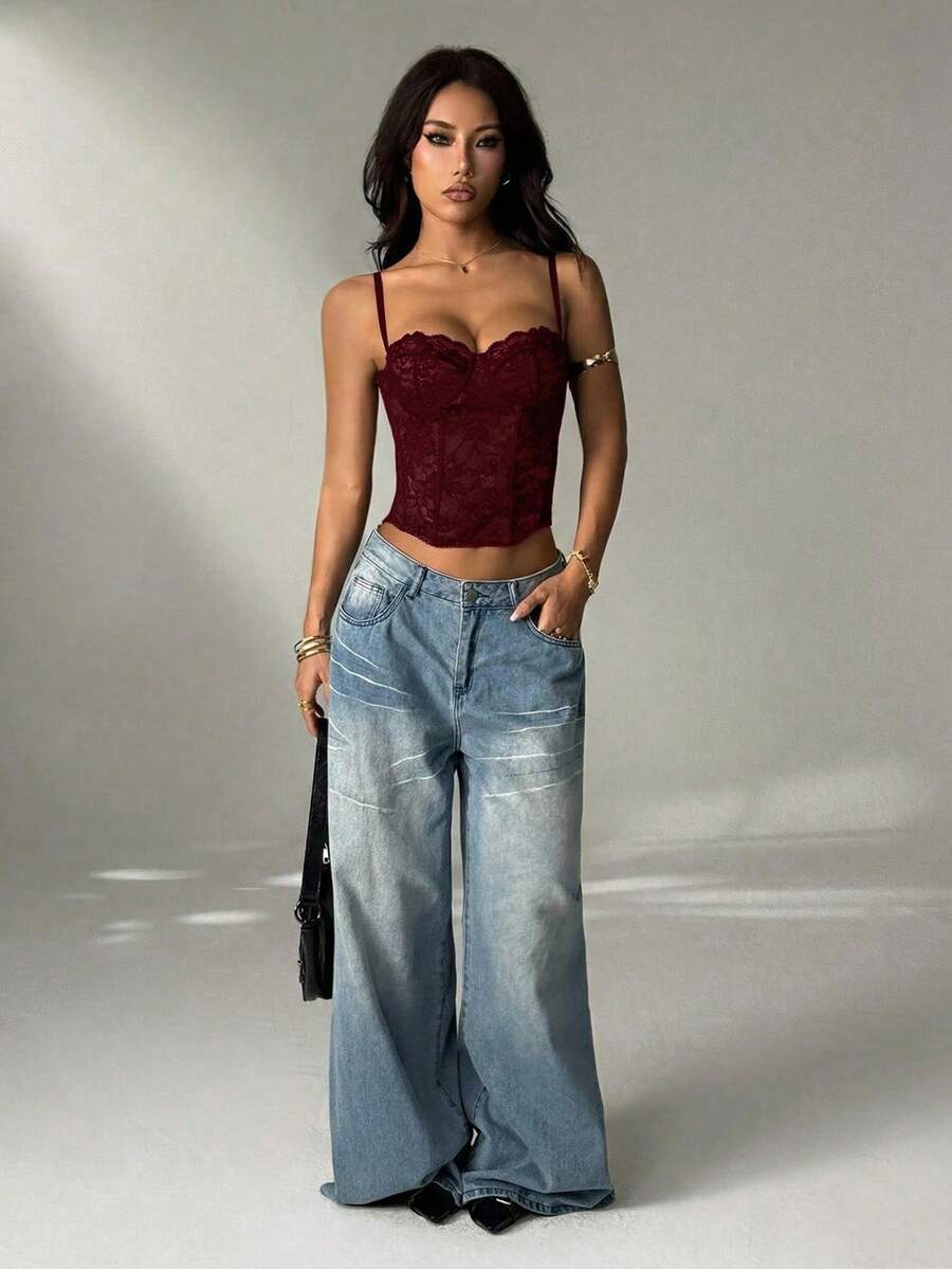 SHEIN PETITE 性感蕾丝透视吊带背心,派对装扮,约会装,通勤装,可爱抹胸,性感夜店上衣,束身胸衣,无肩带上衣,外出上衣,夏季上衣,可爱上衣,女士夏季穿搭,蕾丝上衣,束身胸衣,秋冬打底衫 - 中紫紅色 - 查看 1