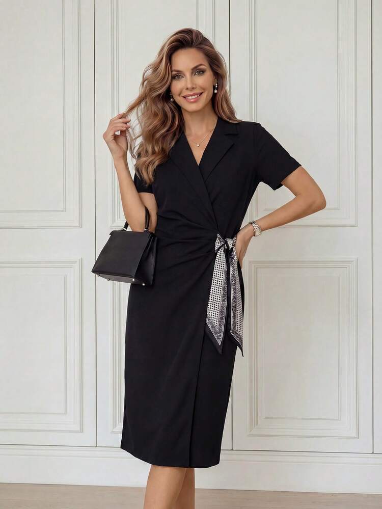 Women's V-Neck Knotted Waist Casual Party Dress, Summer Dress,Dress For Going Out ,Elegant Dresses For Women,Black Formal Dress For Women,Black Dress,Silk Scarf Tie
