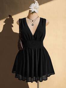 SHEIN ICON 大码女式黑色系腰连衣裙 - 黑色 - 查看 4