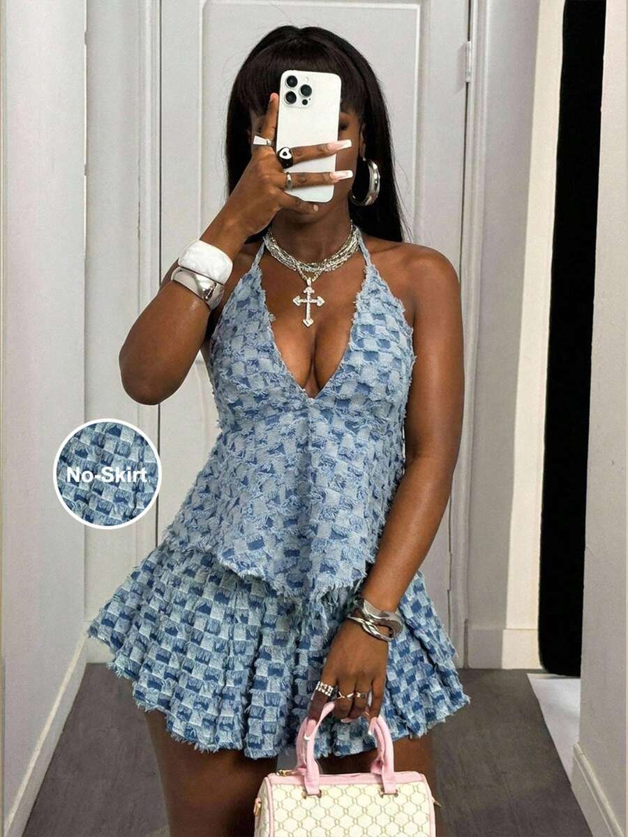 SHEIN MOD 女士系领毛边下摆性感百搭牛仔衬衫，适合约会和外出穿着