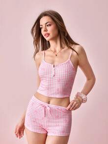 Bonmuse Pink Plaid Bow Print Decor White Button Casual Fashionable Slim Fit Pajama Setfor Summer - Pink - View 8
