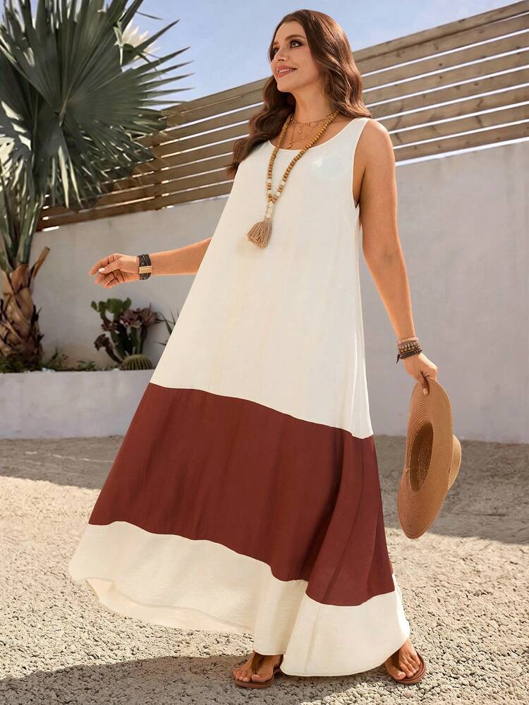 Plus Size Women's Summer Casual Vacation Country Colorblock Sleeveless Long Dress,Summer Vacation,Casual Holiday Style,Summer Outfits For Women ,Vacation Outfits Women ,Holiday Outfits For Women,Going Out Outfits,New Clothes,Simple And Fashionable For Everyday Wear,Suitable For Summer, Vacation, Daily Wear, Festival Outfits For Women,Country Concert Outfit,Beach Outfits For Women,Western Style,Flowy Dress,Gifts For Mother,Boho Dress