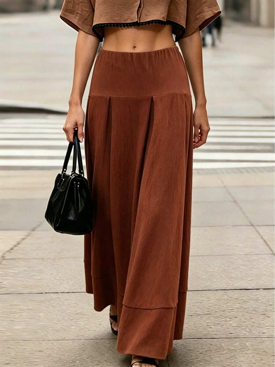 Breezaya Chân váy dài nữ thanh lịch kiểu vintage cạp cao, chất liệu vải dệt họa tiết, màu nâu đa năng, thích hợp cho mùa hè. - màu nâu - Xem 1
