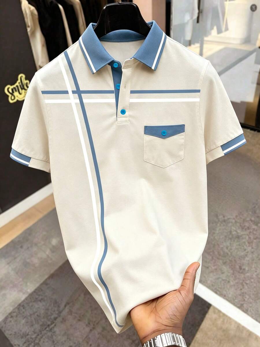 Manfinity Homme 男士休闲条纹拼接短袖 Polo 衫,夏季男士衬衫,米色男士 Polo 衫,条纹 Polo 衫 - 米色 - 查看 1