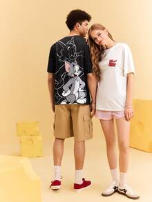 TOM & JERRY X SHEIN 男士卡通图案圆领短袖T恤，夏季 - 黑色 - 查看 4