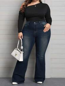SHEIN CURVE+ Plus Size Women Pockets Casual Stretch Sexy Flare Jeans - Dark Wash - View 3