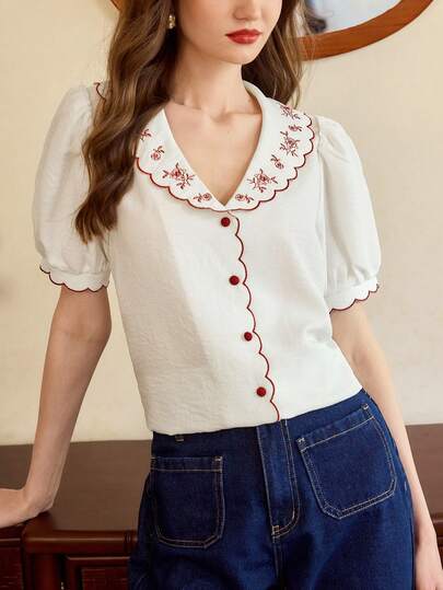 Vintamour Vintage Floral Embroidered Loose Fit Contrast Color Ruffle Hem Short Sleeve Blouse For Women, Spring/Summer