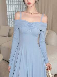 Feyla New Arrival French Sweet Off-Shoulder Strap Long Sleeve Elegant Waist-Cinching A-Line Dress - Baby Blue - View 2