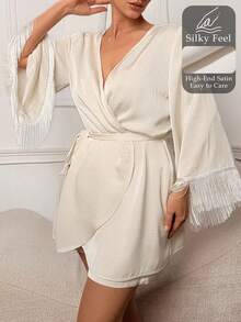 Livesso Women Tassel Cuff Robe & Shorts Sleepwear Set - White - View 5