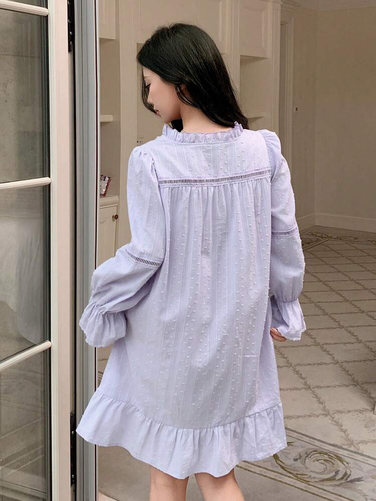 Women's Minimalist Solid Color Ruffle Hem V-Neck Long Sleeve Nightgown