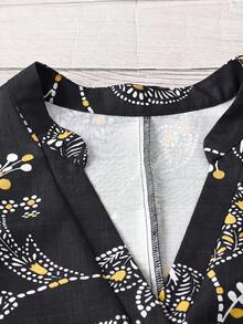 Linhara Blus Wanita Ukuran Besar Motif Bunga Leher V Lengan Mengembang, Hitam dan Putih, Musim Panas, Boho, Elegan, Formal, Kerja, Atasan Retro Dekorasi Kancing Bertekstur Mirip Linen - MultiWarna - View 7