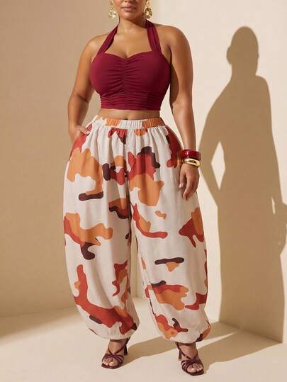 Slaydiva Dam Boho Hög Midja Resår Bakmidja Fickor Vida Ben Harembyxor Abstrakt Tryck Casual Semester Streetwear