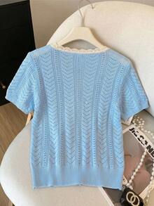 SHEIN Franclia Áo khoác cardigan dáng rộng thoải mái, cổ tròn, tay ngắn, khoét lỗ, phối viền tương phản, màu xanh nhạt, thích hợp cho mùa xuân/hè. - Màu xanh nhạt - Xem 2