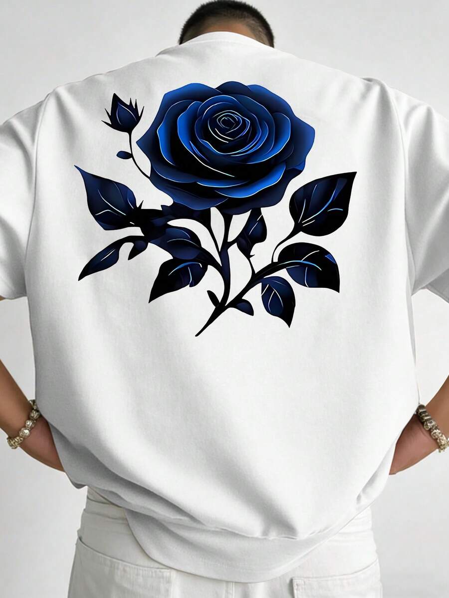 Manfinity Roughcore Men's Vintage Street Style Blue Rose Print T-Shirt - White - View 1
