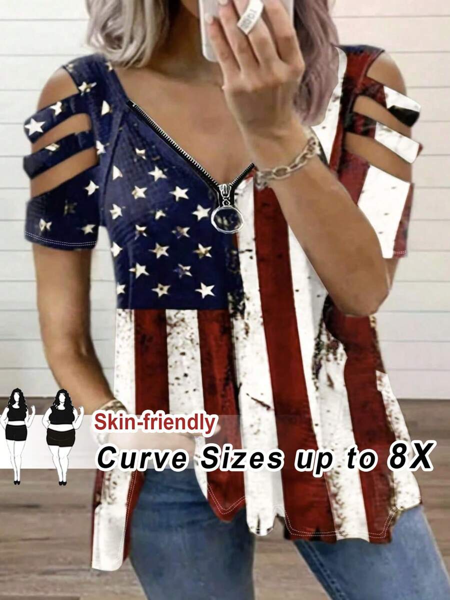 SHEIN CURVE+ 女士拉链国旗独立日印花舒适休闲短袖T恤 - 彩色 - 查看 1
