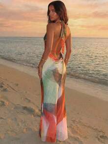 Aloruh Elegant Sexy Pastal Summer Casual Vacation Goddess Halter Backless Deep Draped Neck Floral Mesh Print Bodycon Maxi Dresses For Women Golf - Multicolor - View 3