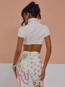 MUSERA Ruched Ruffled Tie Front Cropped Cotton Poplin Top Cute Sexy Spring Summer Holiday Vacation Going Out Girly Cool Girl Late Checkout - White - View 2