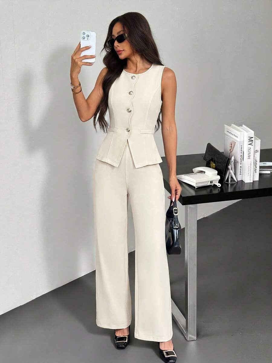 SHEIN PETITE 女款優雅辦公通勤兩件套,無袖單排扣背心與寬腿褲,米白色夏季休閒丹寧質感套裝,修身顯瘦,適合嬌小女性 - 杏色 - 查看 1