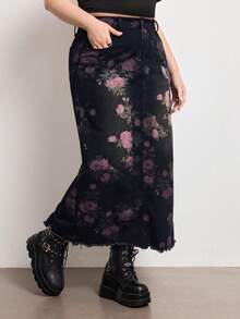 ROMWE Fairycore Chân váy denim cỡ lớn màu đen bạc họa tiết hoa hồng cổ điển, đa năng. - màu đen - Xem 3