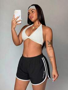 SHEIN Rhythm Era Plus Size Women's Summer Color Block Elastic Waistband 2-In-1 Sports Shorts - Black - View 5