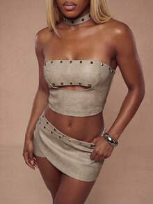 Modviera Women's Solid Color Rivet Design Hollow Bandeau Top And Mini Skirt 2 Pieces Set Clubbing Club Night Khaki Autumn - Multicolor - View 4