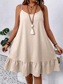 SHEIN LUNE CURVE Plus Size Summer Casual Solid Color Ruffle Hem Camisole Dress - Khaki - View 1